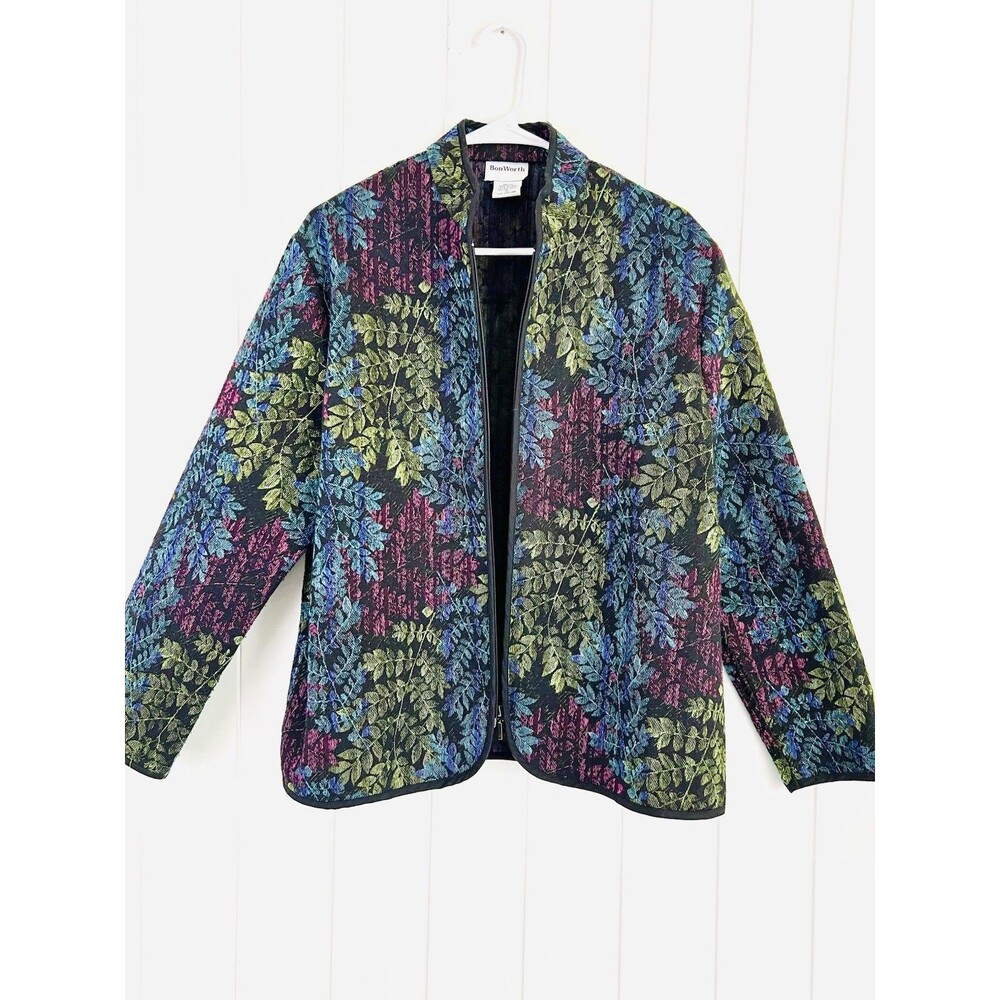 Vintage BonWorth Floral Quilted Jacket Zipper Leaf Jewel Tone Cottagecore Size M